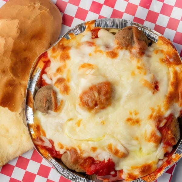 Pascali's baked meatballs with melted cheese and red sauce in a foil container, with a bread roll.